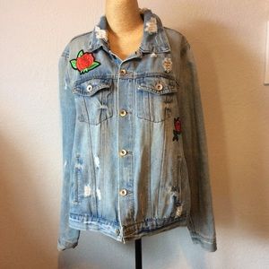Ci Sono Distressed Jean Jacket with Rose Decals